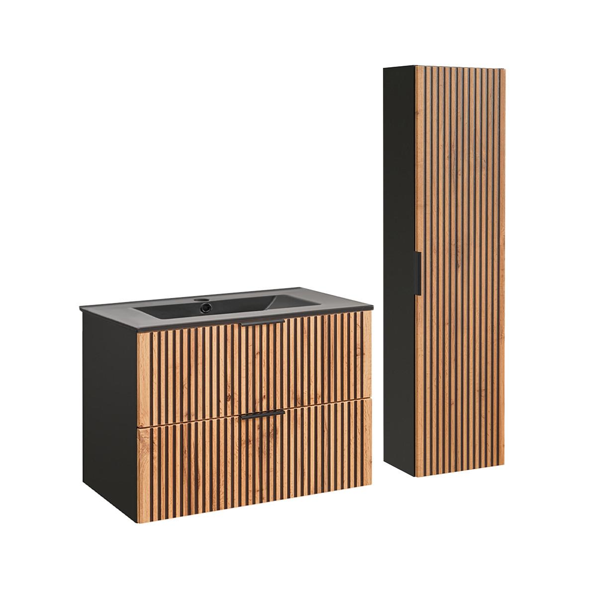 BADMÖBEL 80.4cm Gaia 2er-Set Holz in Eichenoptik und Schwarz - Schwarz, Holzwerkstoff (80.4/57/46cm) - Petits-meubles