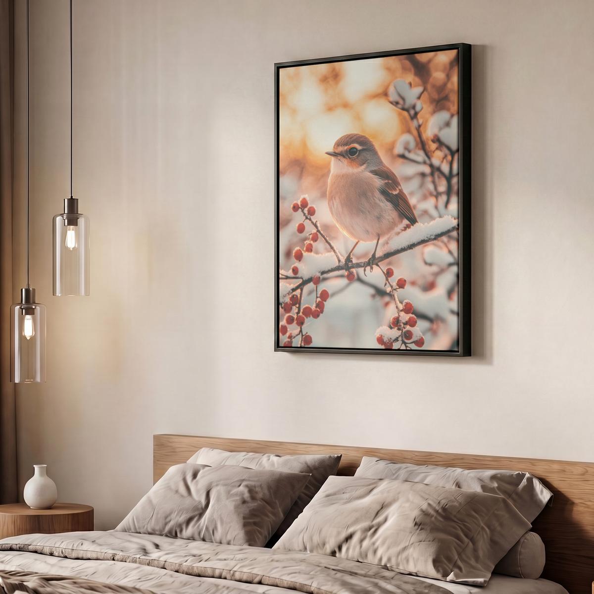 LEINWAND Bilder mit Rahmen - Vogel - Zweig - Winter - Tiere - Schnee - 50x70 - Bernsteinfarben, Textil (50/70cm) - MuchoWow