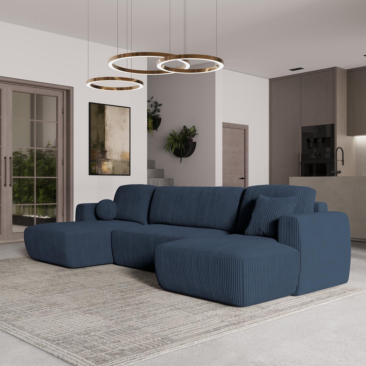 WOHNLANDSCHAFT SENTUM P Blau Kordstoff mit Schlaffunktion - Blau/Schwarz, Holz/Kunststoff (330/90/148cm) - MASSENO