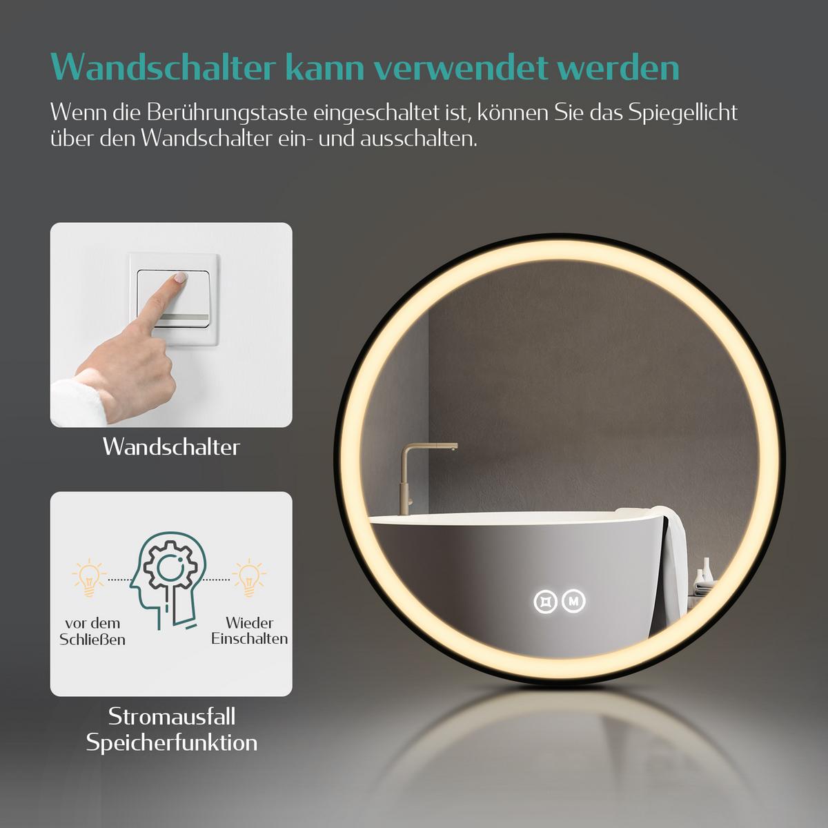 BADSPIEGEL Rund mit Touch-Schalter Beleuchtung mit Hängeriemen Schwarz Ø 80 cm - Schwarz, Glas (80/80/3.5cm) - EMKE