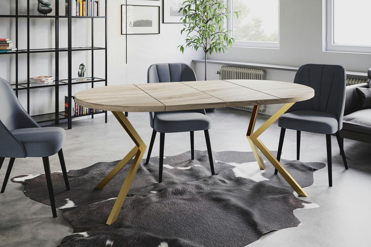 RUNDER Esszimmertisch LOFT LITEN, ausziehbarer Tisch Durchmesser: 90 cm/170 cm, Wohnzimmertisch Farbe: Beige, mit Metallbeinen in Farbe Gold - Goldfarben/Sonoma Eiche, Holzwerkstoff (90/90/76cm) - Alpi-Möbel