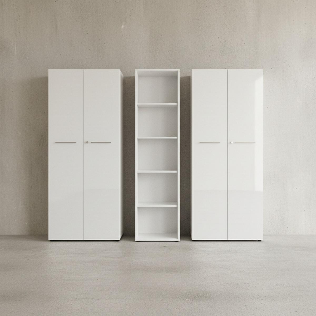 BÜRO-SET MUENCHEN 3-teilig weiß | 240cm breit Glasfront | 2 Schrank Abschließbar & Regal - Weiß, Holzwerkstoff/Metall (240/196/37cm) - KADIMA DESIGN