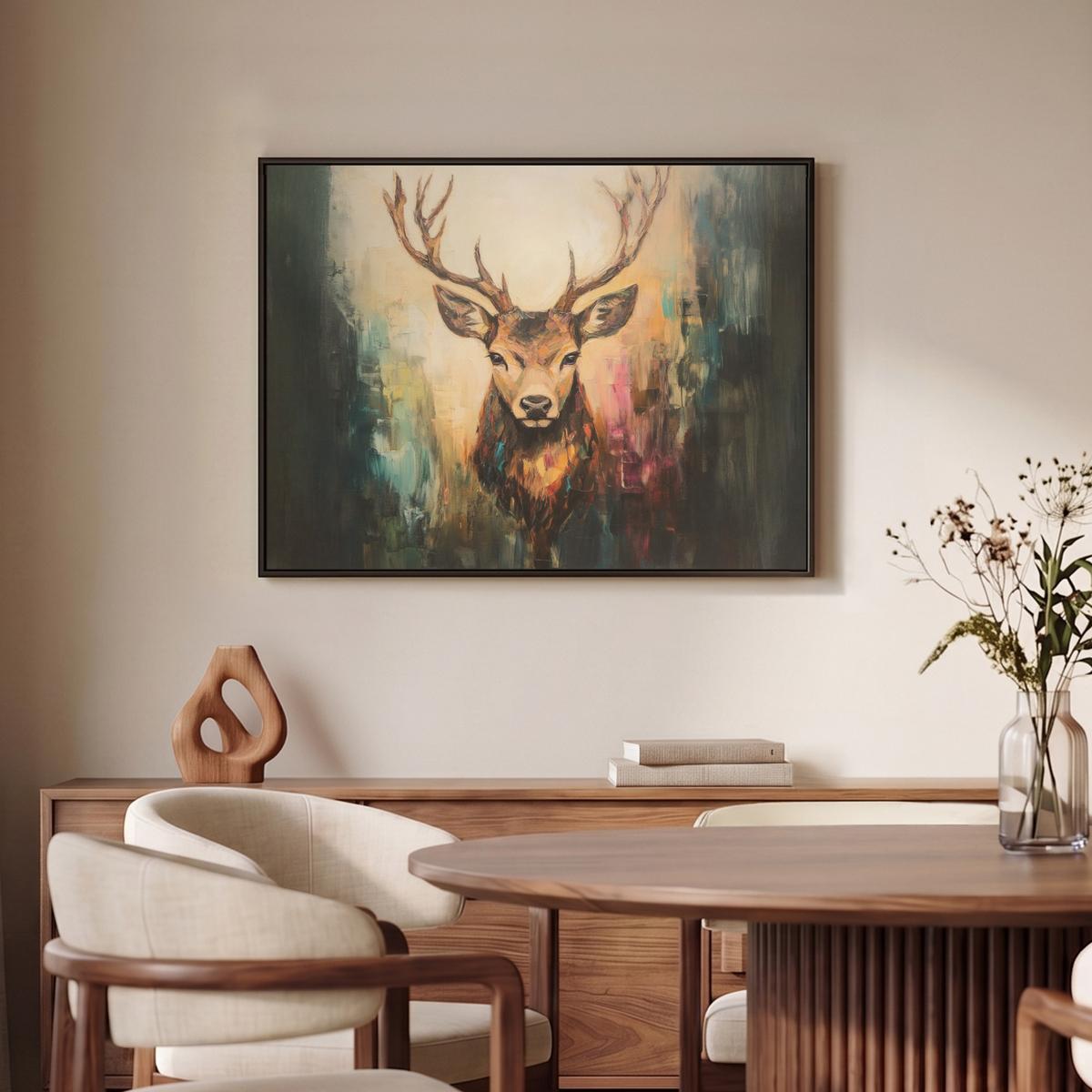 LEINWAND Bilder mit Rahmen - Hirsch - Gemalt - Geweih - Braun - 80x60 - Haselnussfarben, Textil (80/60cm) - MuchoWow