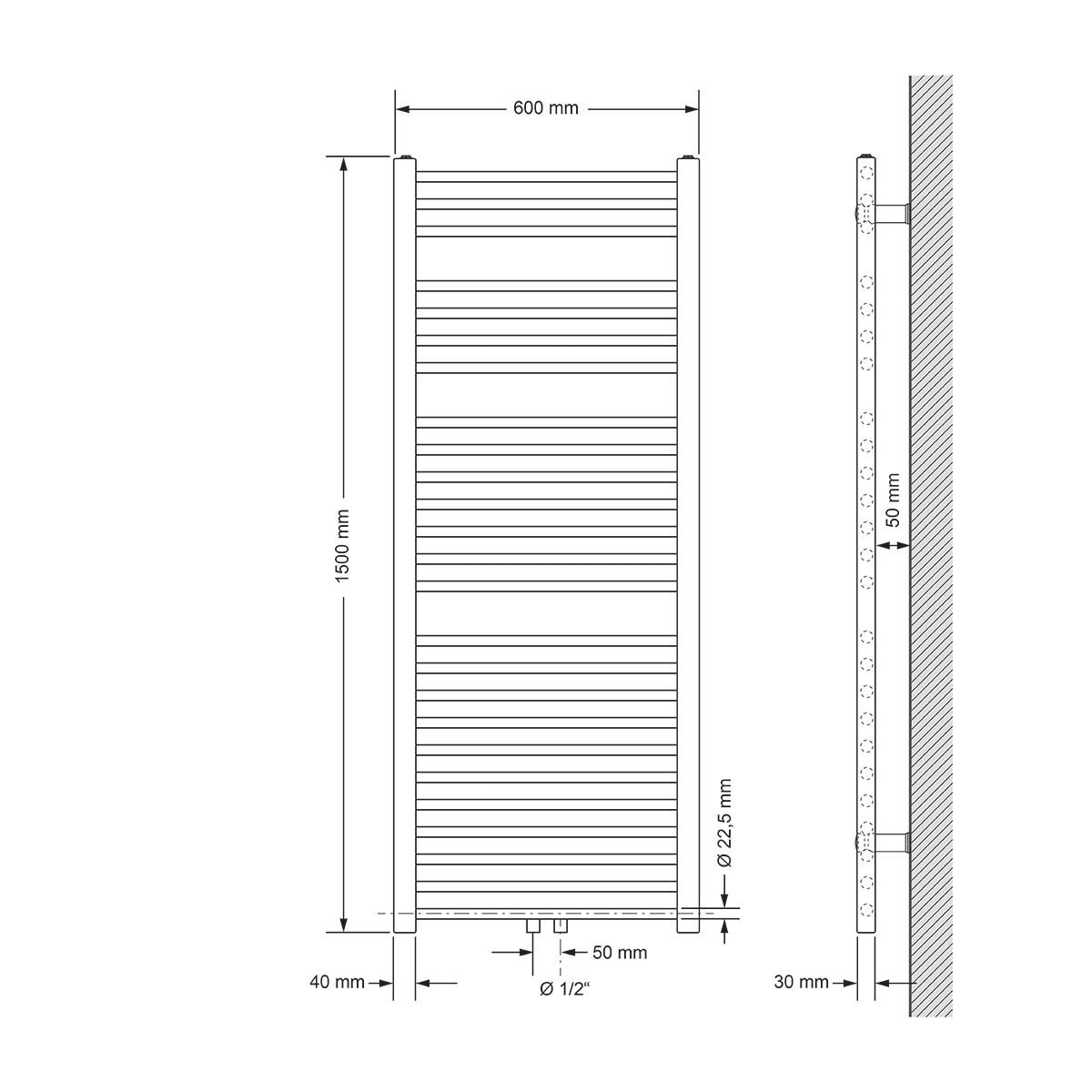 BADHEIZKÖRPER Sahara 600x1500 mm Anthrazit gerade mit Mittelanschluss - Anthrazit, Metall (60/150/3cm) - LuxeBath