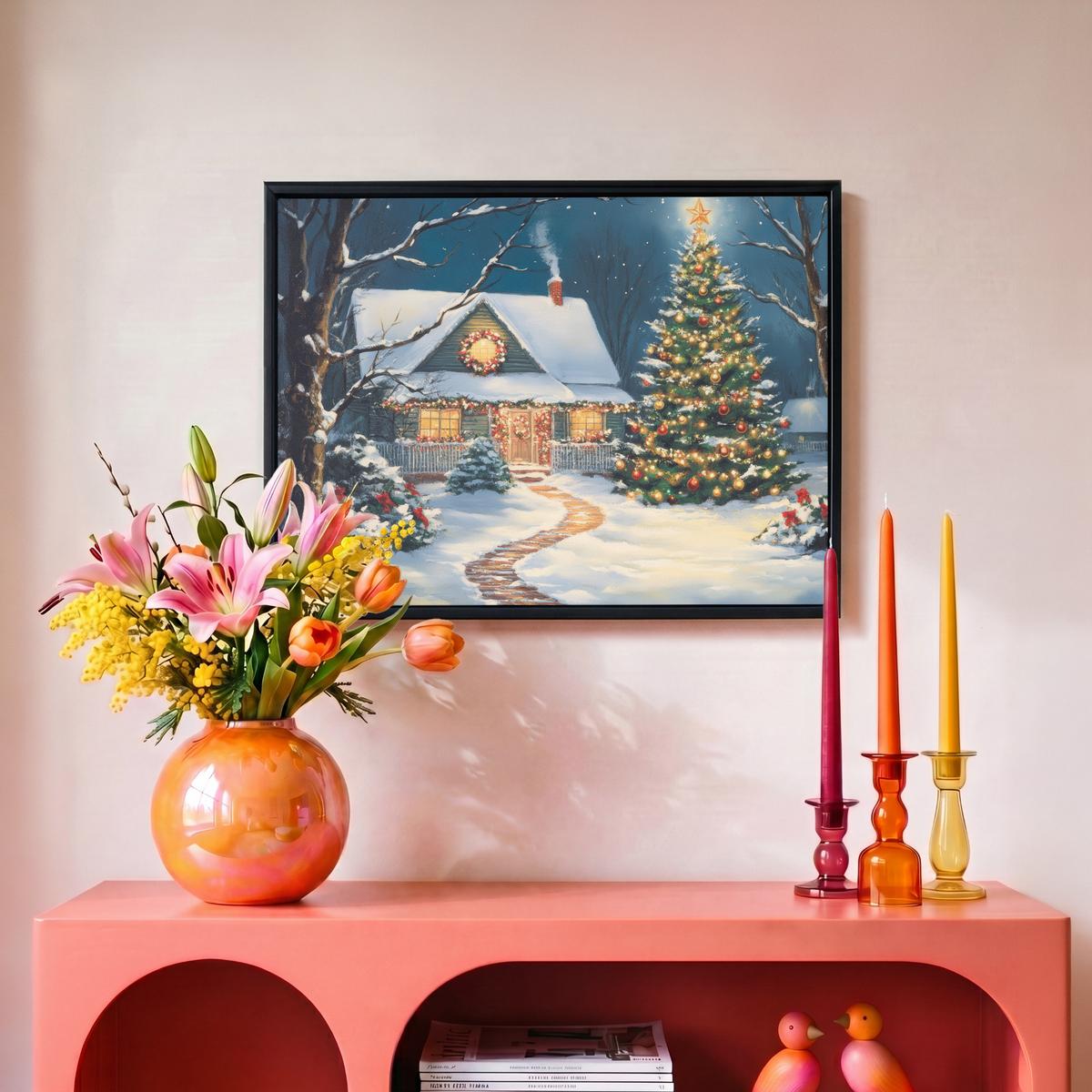 LEINWAND Bilder mit Rahmen - Weihnachten - Weihnachtsbaum - Winter - Zuhause - Schnee - 40x30 - Smaragdgrün, Textil (40/30cm) - MuchoWow