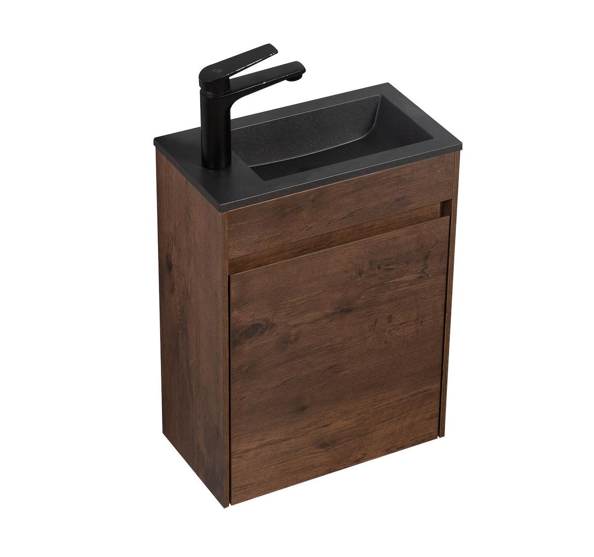 GÄSTE-WC-MÖBELSET Sinta 2 Teile Walnuss Braun - Schwarze Waschbecken - 40 x 22 x 54 cm - Walnussfarben/Schwarz, Holz (40/54/22cm) - Badplaats