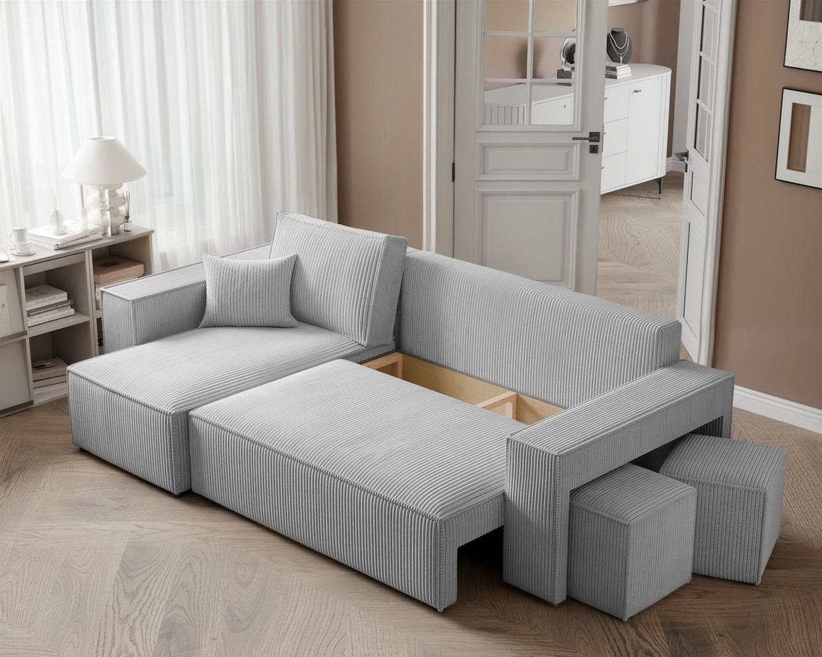 ECKSOFA Adara Inkl. Hocker - Hellgrau, Holzwerkstoff/Textil (262/145cm) - Fun Möbel