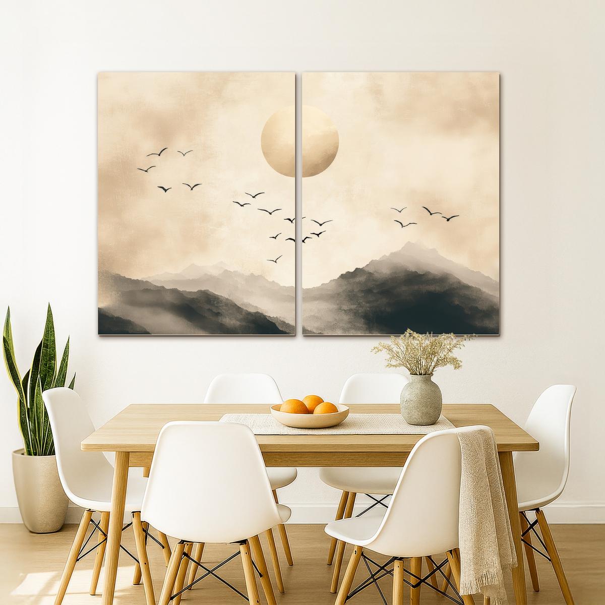LEINWANDBILD 2er Set Landschaft - Japandi - Beige - Vögel 180x120 cm - Beige, Textil (180/120cm) - MuchoWow