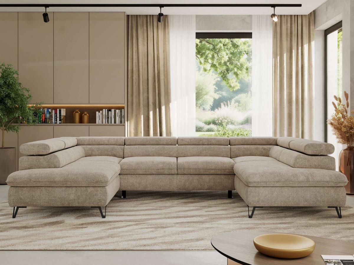 WOHNLANDSCHAFT PABLO U Schenille grob gewebt Beige - Beige/Schwarz, Textil/Metall (346/76/208cm) - MKS