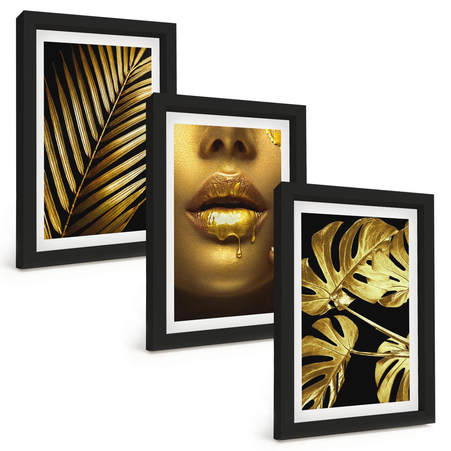 BILDER SET 3er Set - 20x30 cm Schwarzer Rahmen - Mund einer Frau mit Monstera-Palme - Schwarz, Kunststoff (20/30cm) - TULUP