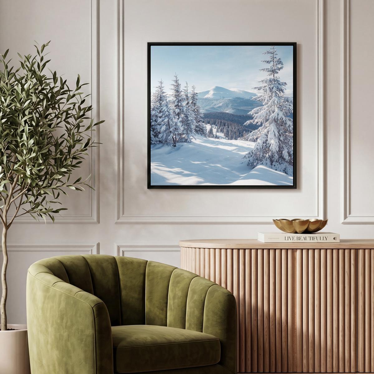 LEINWAND Bilder mit Rahmen - Winterlandschaft - Natur - Berge - Bäume - Schnee - 50x50 - Hellblau, Textil (50/50cm) - MuchoWow