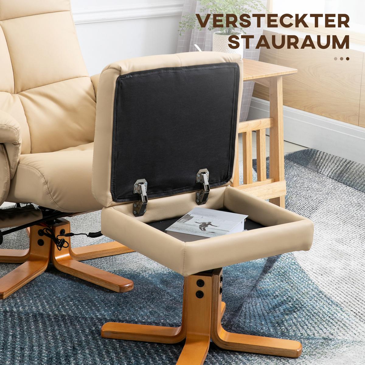 RELAXSESSEL mit Liegefunktion Massagesessel mit Fußhocker Polyester Cremeweiß - Champagner/Creme, Leder/Holz (86/99/80cm) - HOMCOM