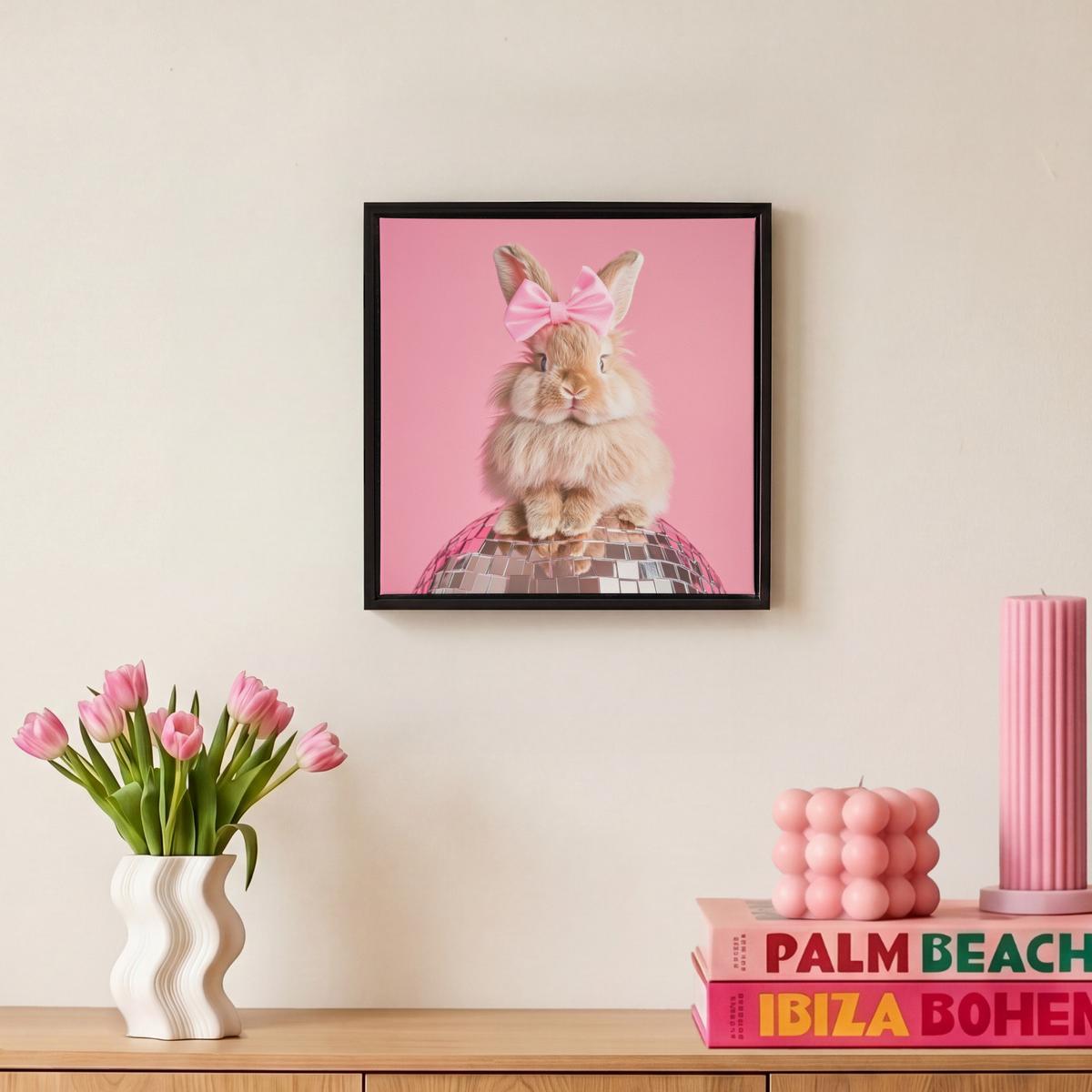 LEINWAND Bilder mit Rahmen - Schleife - Discoball - Kaninchen - 20x20 - Pink, Textil (20/20cm) - MuchoWow