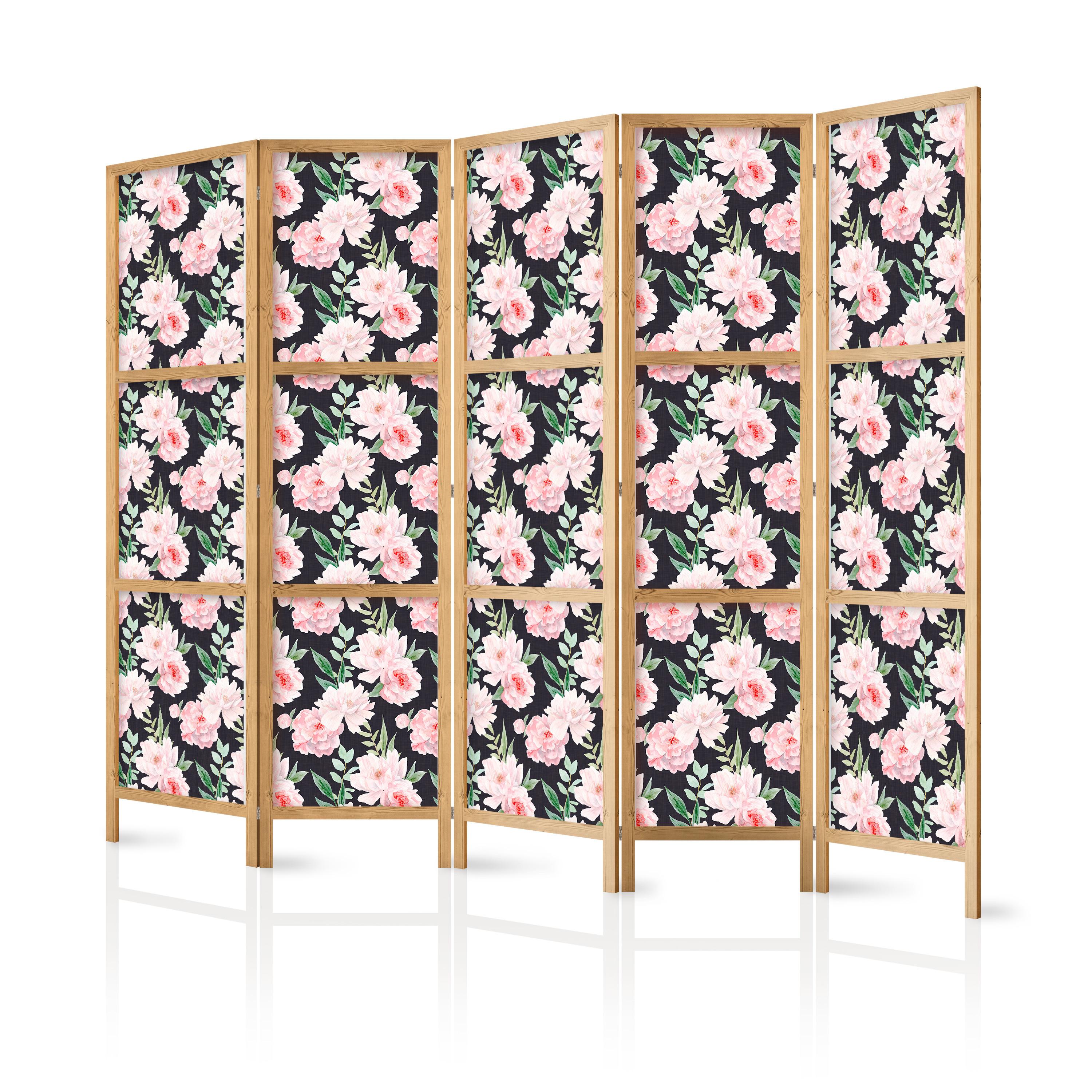 PARAVENT Japanischer 5-tlg 225x172 cm Pfingstrosen Natur - Rosa, Holz/Textil (225/172/3cm) - Muralo