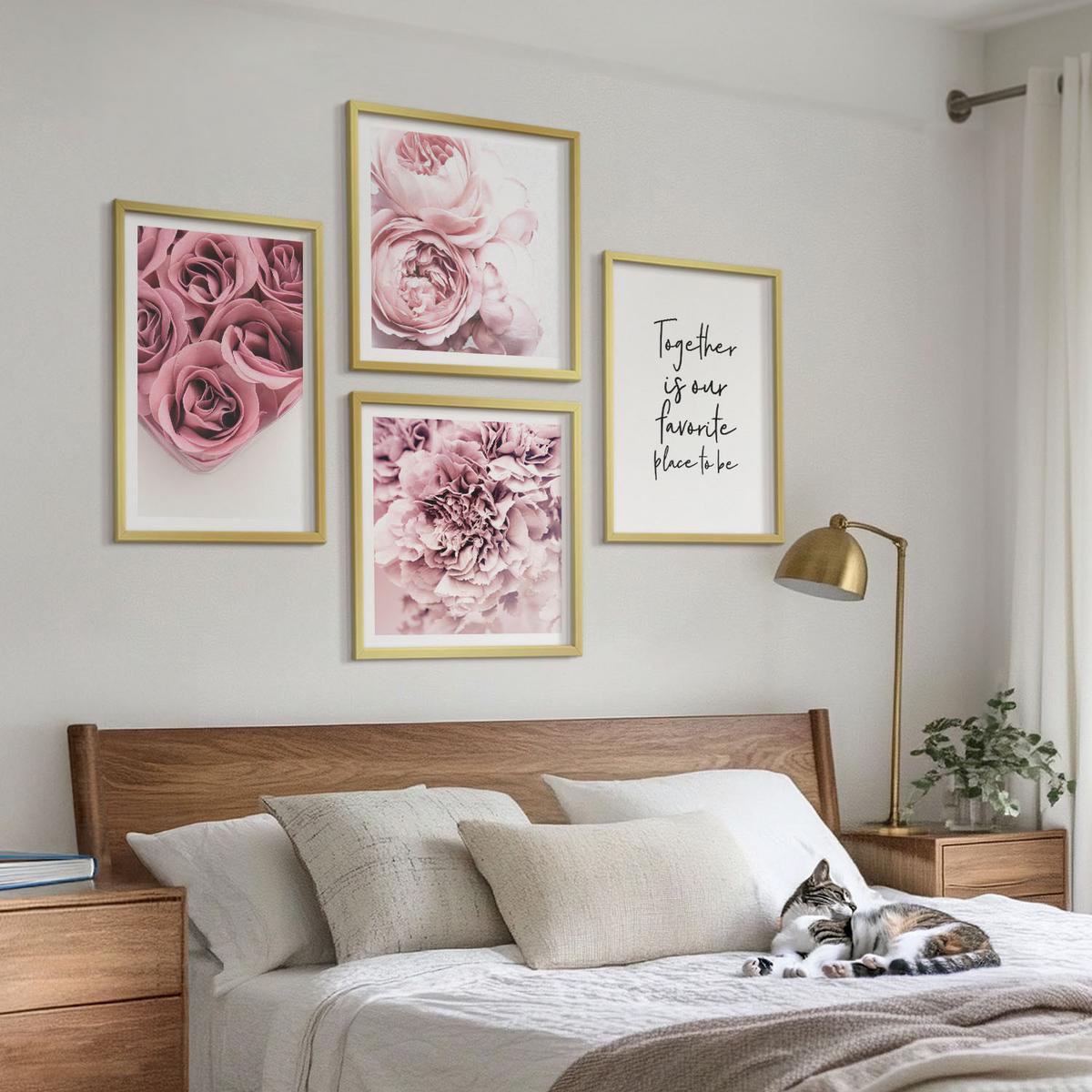 BILDER SET 4er Set - 50x50 cm & 40x60 cm Goldrahmen - Blumensträuße mit Rosen, Hausinschrift - Goldfarben, Kunststoff (50/50cm) - TULUP
