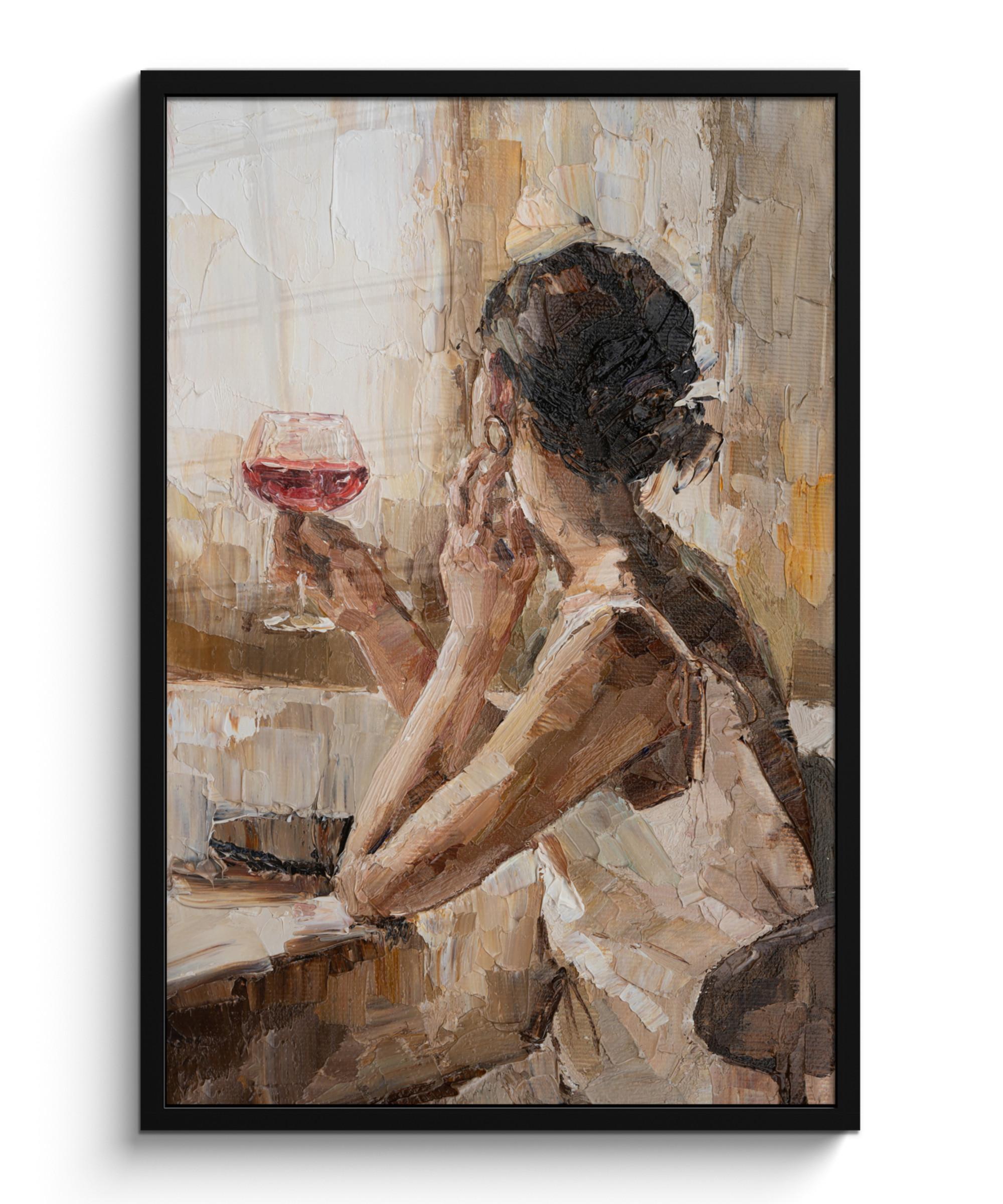 POSTER MIT RAHMEN Ölgemälde - Frau - Wein 60x90 cm - Hellbraun, Papier (60/90cm) - MuchoWow