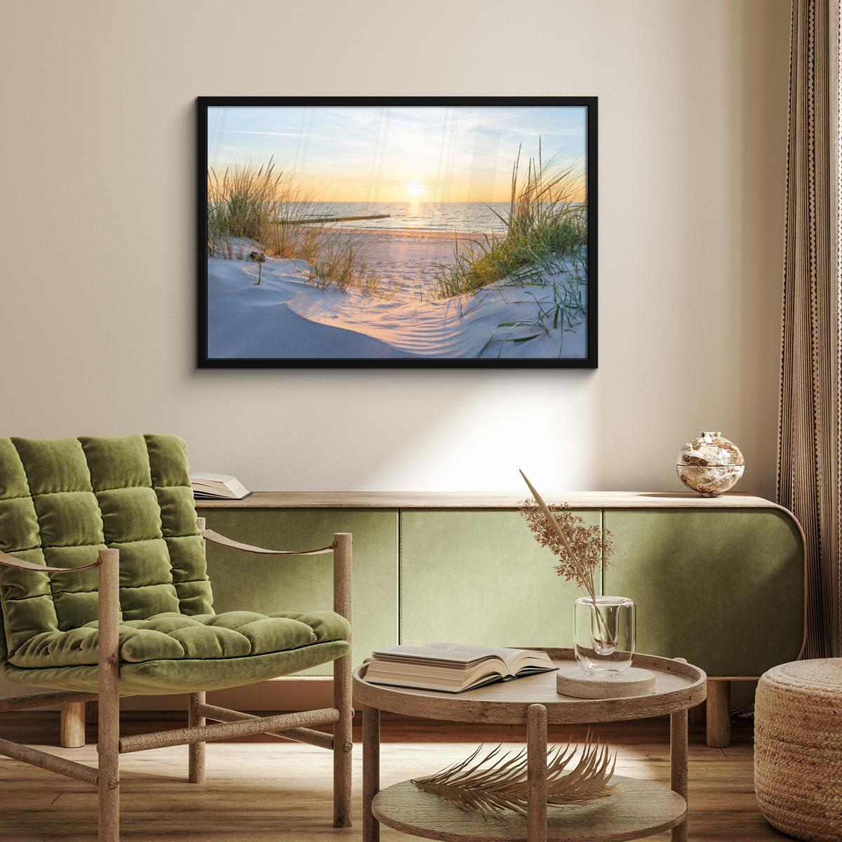 POSTER MIT RAHMENGERAHMTES BILD Strand - Sonne - Düne - Gras - Sand - Horizont 90x60 cm - Hellblau, Papier (90/60cm) - MuchoWow