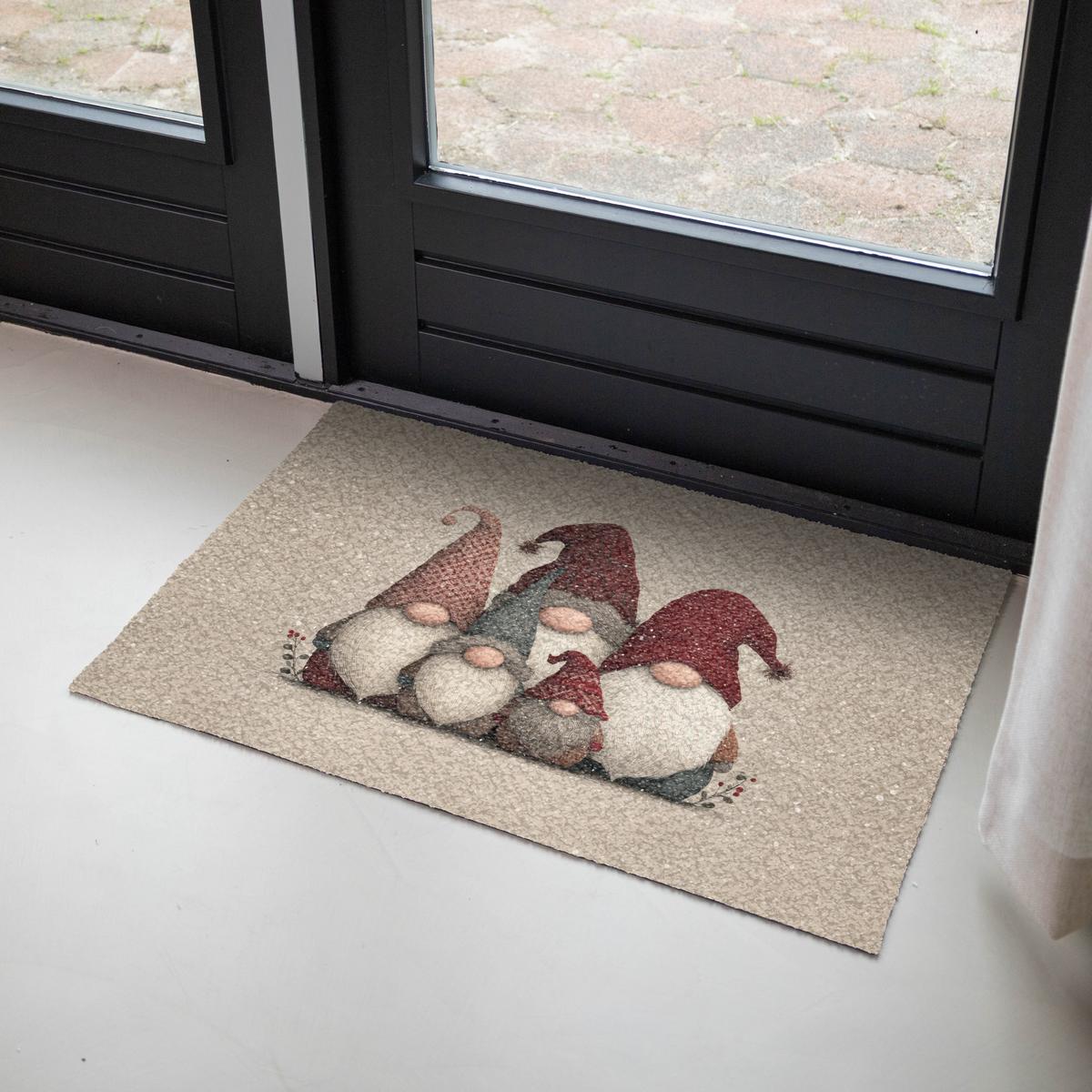 FUSSMATTE Wichtel - Weihnachten - Schnee - Zipfelmützen Türmatte 90x60 cm - Beige, Kunststoff (90/0.4cm) - MuchoWow