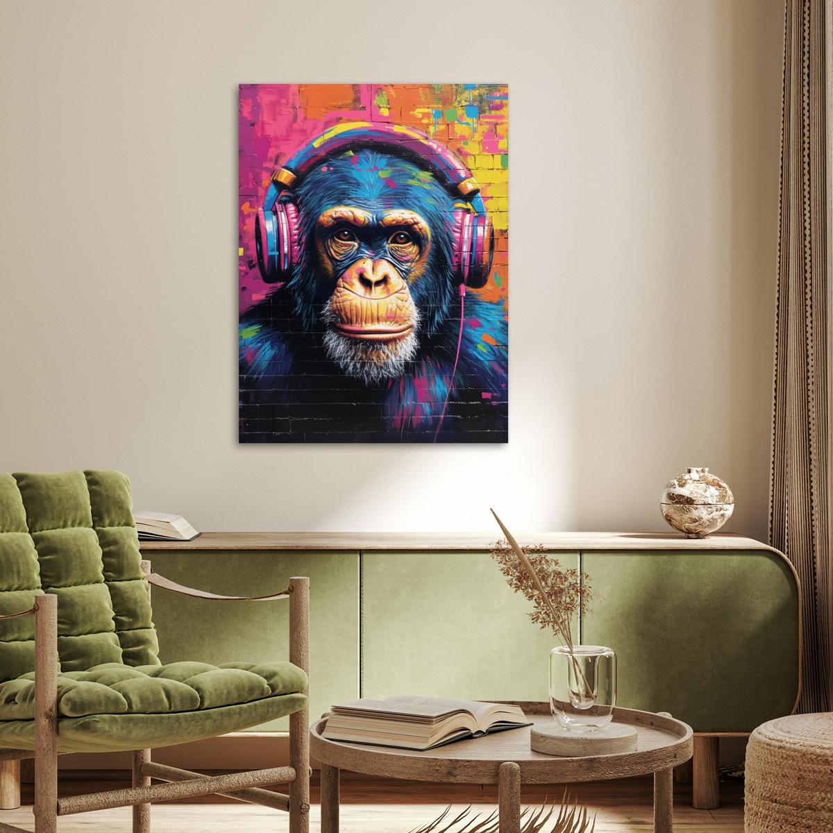 POSTER Graffiti - Schimpanse - Straßenkunst - Kopfhörer - Affe Deko Wohnzimmer 60x80 cm - Blau, Papier (60/80/0.1cm) - MuchoWow