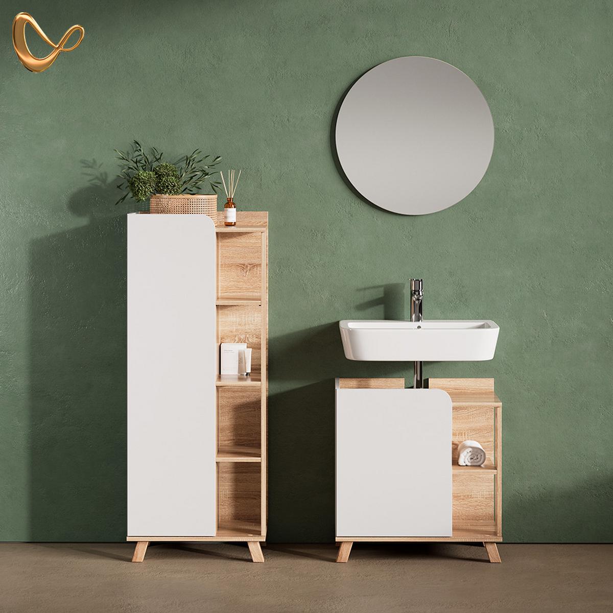 WASCHBECKENUNTERSCHRANK Marano Sonoma/Weiß 60 x 65 cm mit Tür und offenen Fächern - Weiß/Sonoma Eiche, Holzwerkstoff (60/65/35cm) - Livinity®