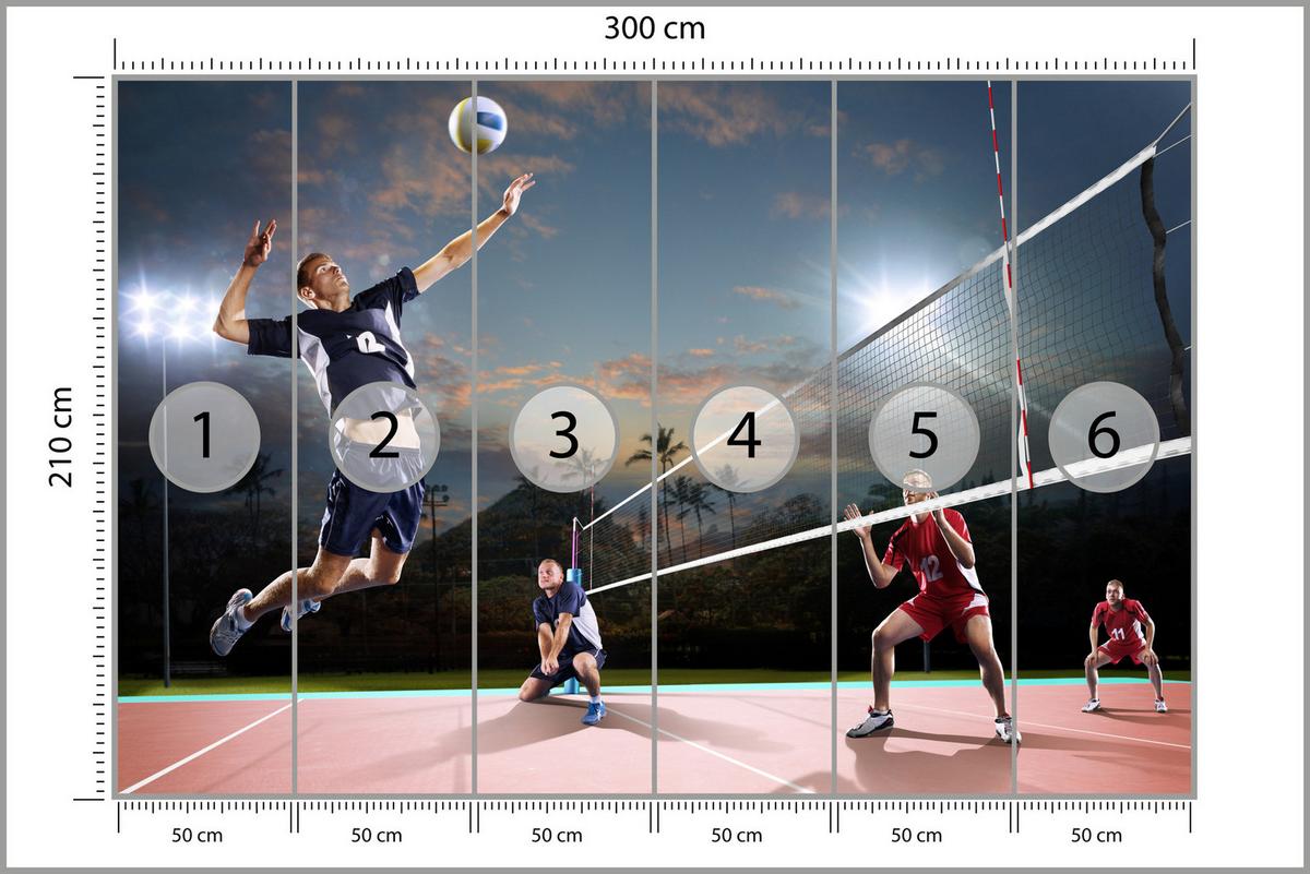 FOTOTAPETE für Jugendzimmer Volleyball Strand Tropen Match Spieler Palmen 300x210 - Rot/Schwarz, Papier (300/210cm) - Muralo