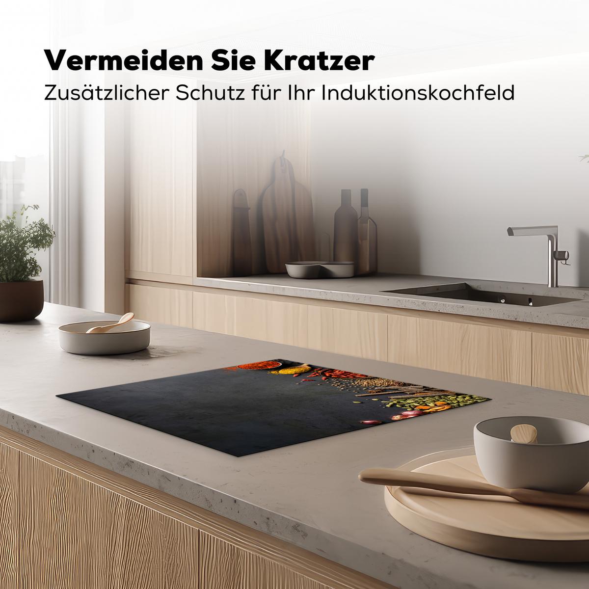 HERDABDECKPLATTE Kräuter - Lebensmittel - Gewürze - Schwarz - Paprika - Zimt Ceranfeldabdeckung 59x52 cm - Currygelb, Kunststoff (59/52/0.2cm) - MuchoWow