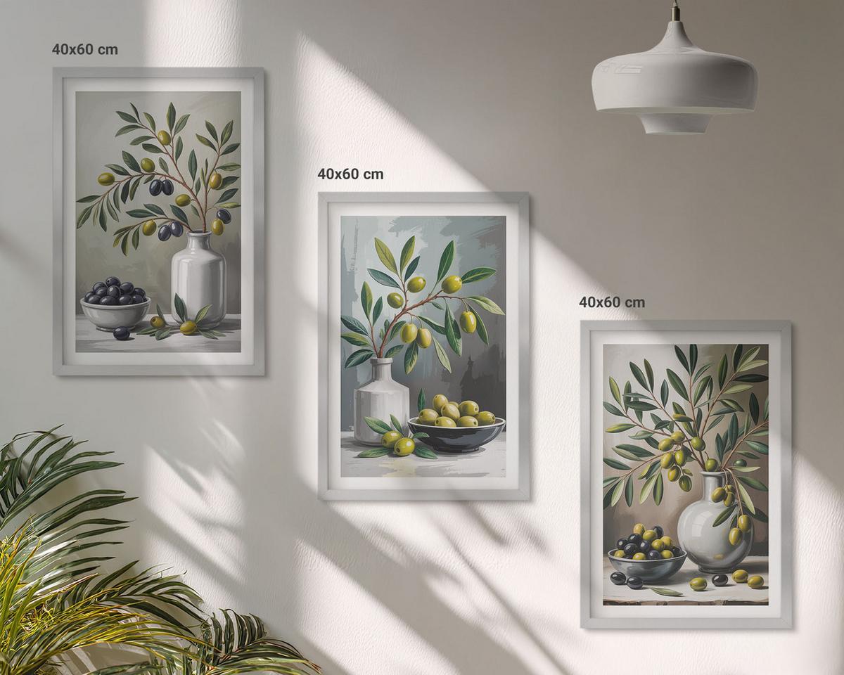 BILDER SET 3er Set - 40x60 cm Silberner Rahmen - Keramik olivgrau - Silberfarben, Kunststoff (40/60cm) - TULUP