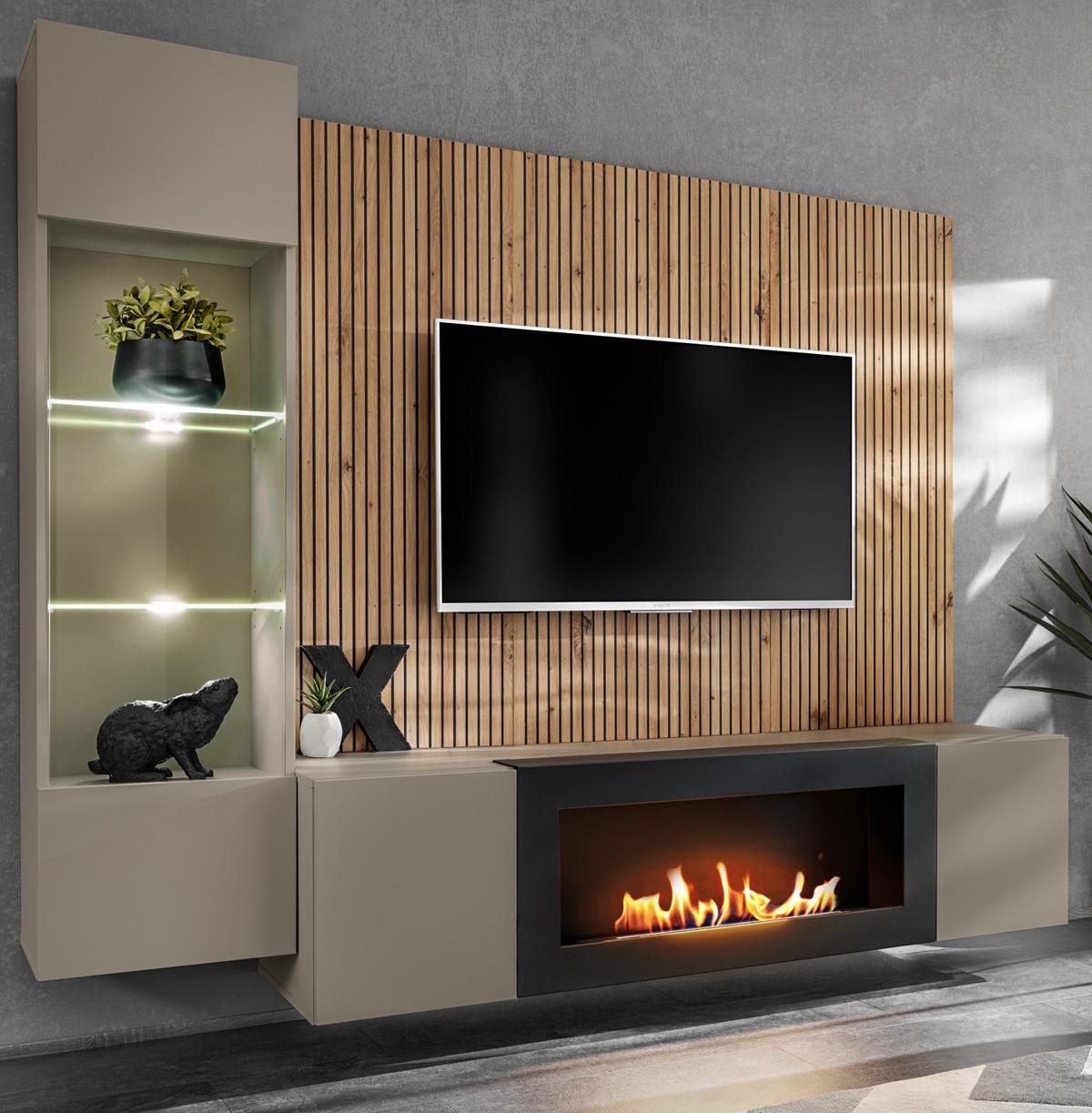 WOHNWAND Lehm-Grau, Eiche Artisan 200 cm, Schrankwand inklusive LED Beleuchtung und Ethanol Kamin - Hellgrau/Schwarz, Glas/Holzwerkstoff (200/148/35cm) - Inn.Furn