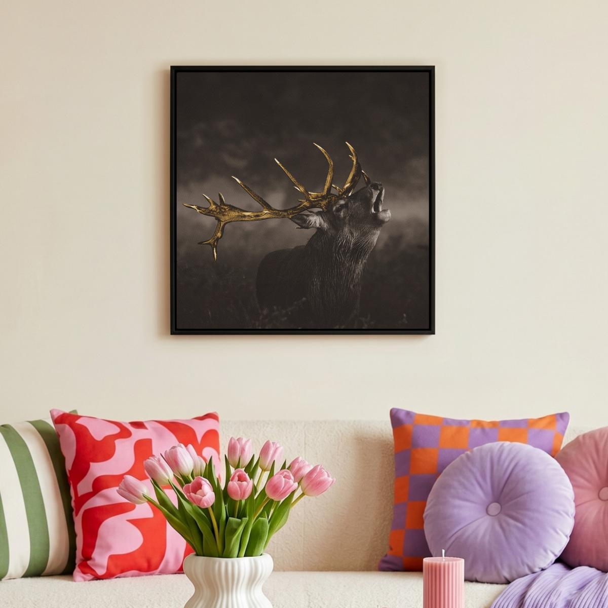 LEINWAND Bilder mit Rahmen - Rotwild - Schwarz - Gold - 50x50 - Braun, Textil (50/50cm) - MuchoWow