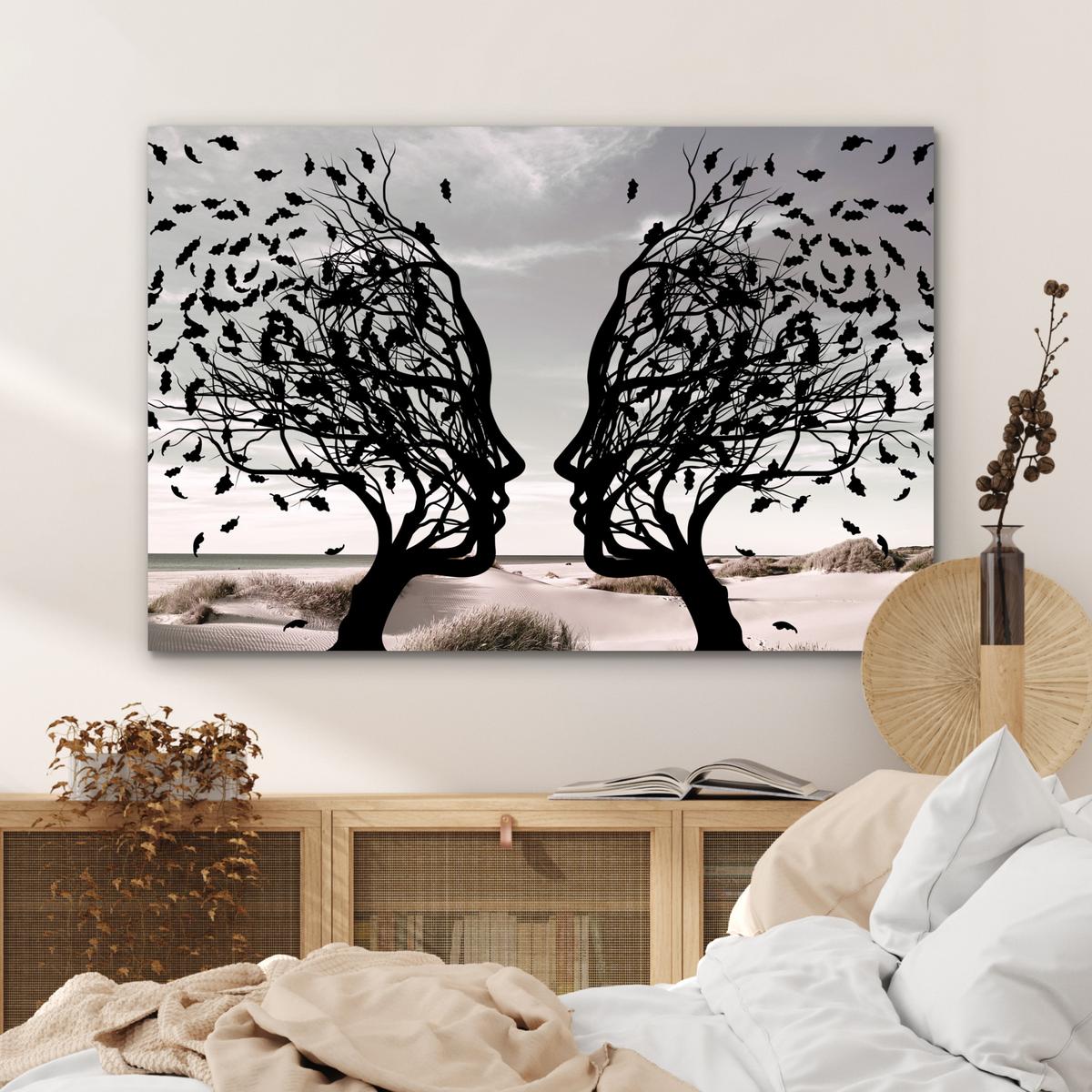 METALLBILD Strand - Meer - Menschen - Baum - Moderne Kunst Deko Groß 120x80 cm - Hellgrau, Metall (120/80cm) - MuchoWow