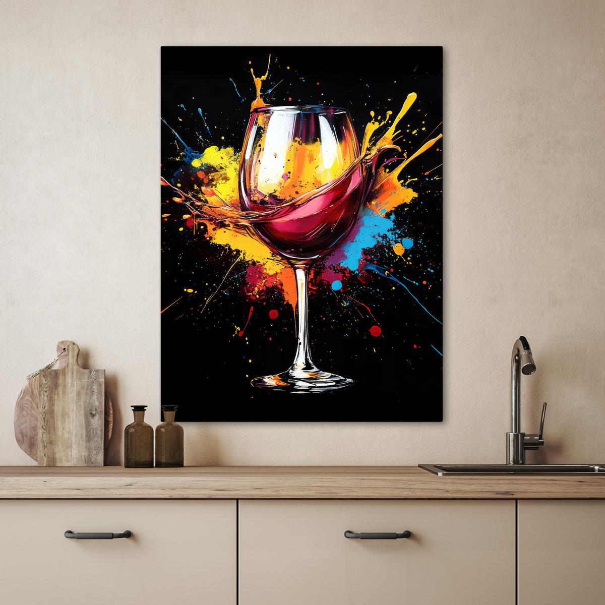 LEINWANDBILD Wein - Glas - Graffiti - Getränk - Rot - Farbe Wandbild Wohnzimmer 60x80 cm - Weinrot, Textil (60/80cm) - MuchoWow