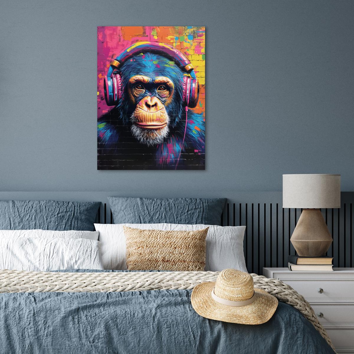 POSTER Graffiti - Schimpanse - Straßenkunst - Kopfhörer - Affe Deko Wohnzimmer 60x80 cm - Blau, Papier (60/80/0.1cm) - MuchoWow