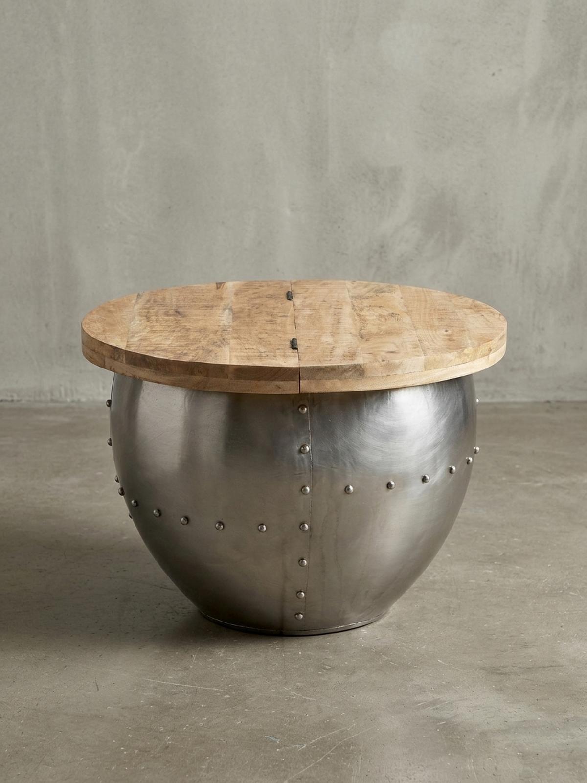 COUCHTISCH Rund in Braun, Massivholz und Metall, Industrial-Stil mit Stauraum - Silberfarben, Holz/Metall (60/60/43cm) - KADIMA DESIGN
