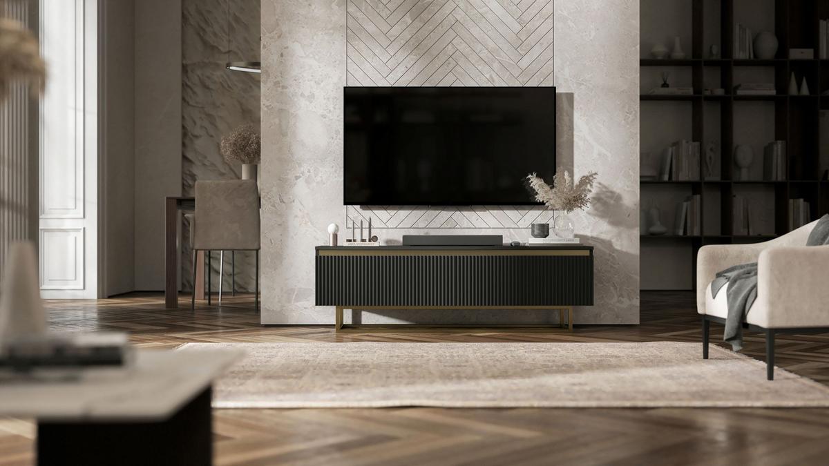 TV-SCHRANK Selene Glamour Schwarz Matt mit Metallrahmen 140 cm - Goldfarben/Schwarz, Holzwerkstoff/Metall (140/44/35cm) - Meble Lindner