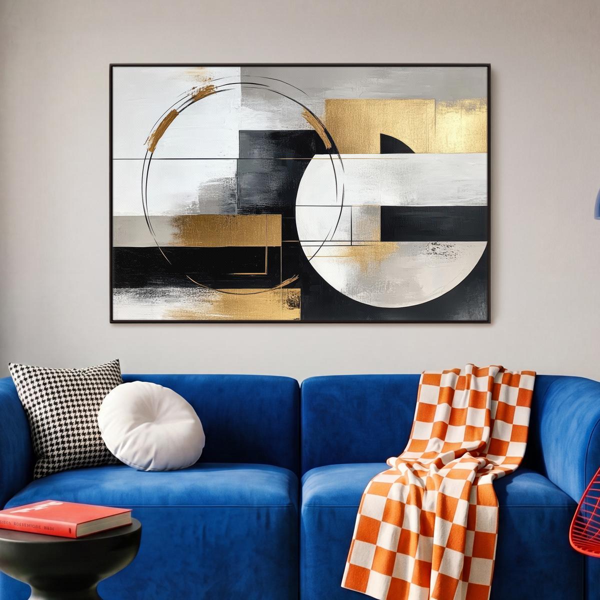 LEINWAND Bilder mit Rahmen - Abstrakt - Gold - Silber - Formen - Ästhetik - 90x60 - Multicolor, Textil (90/60cm) - MuchoWow
