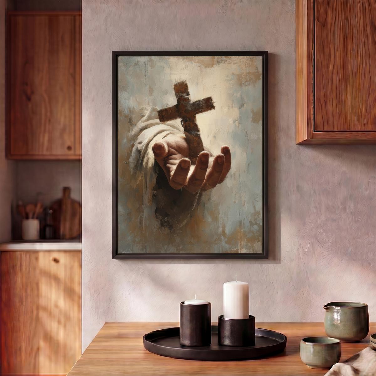 LEINWAND Bilder mit Rahmen - Abstrakt - Kreuz - Hand - Christentum - 30x40 - Hellbraun, Textil (30/40cm) - MuchoWow