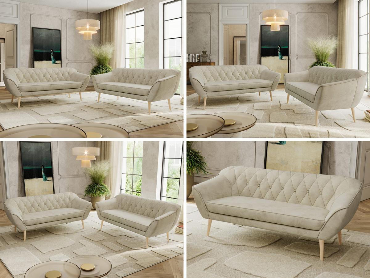 SITZGARNITUR PIRS 3+3 - Beige Velvet - Holzbeine - Beige/Buchefarben, Holzwerkstoff/Textil (180/75/74cm) - MKS