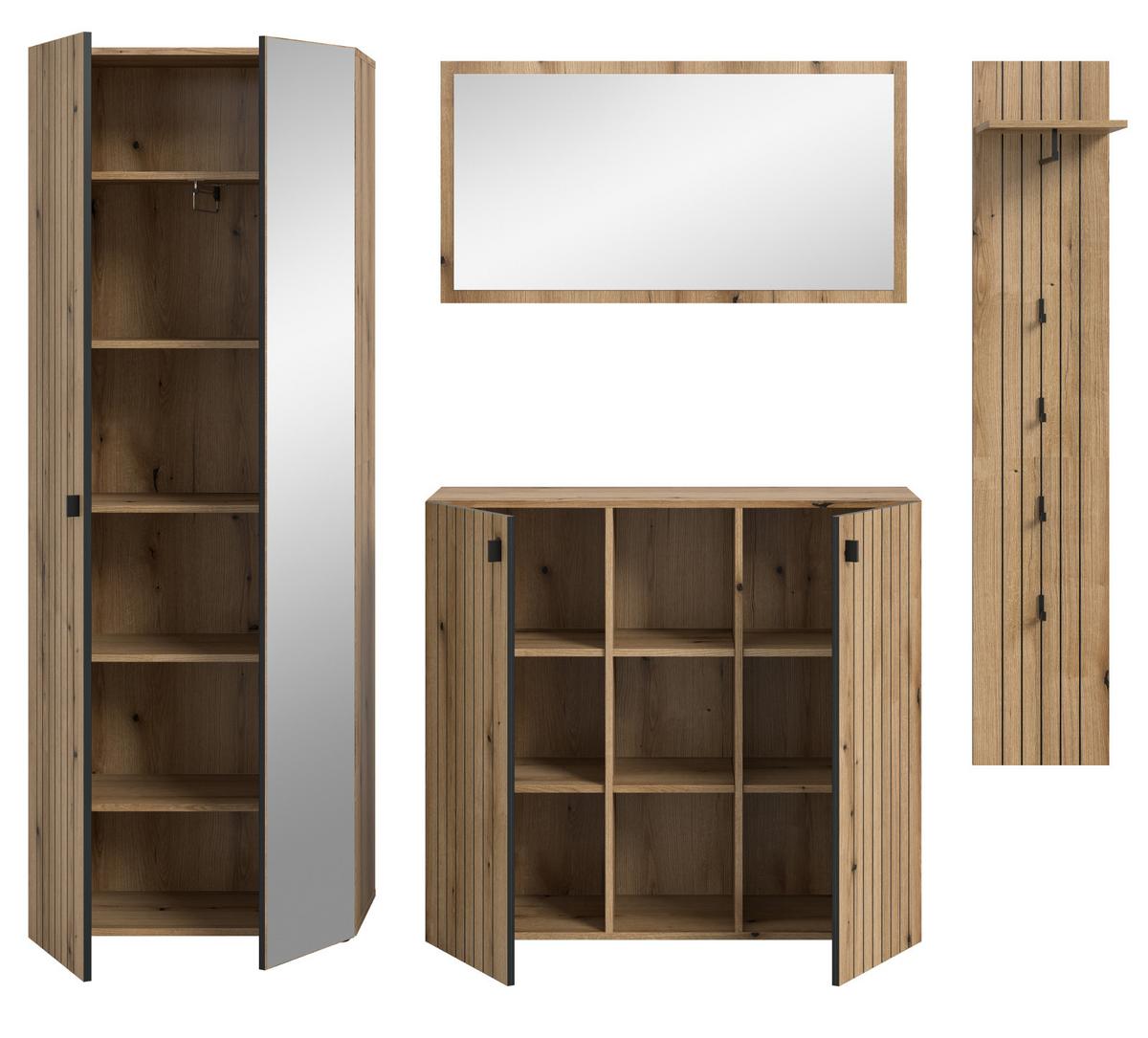 GARDEROBEN-SET Evoke Eiche 4-teilig 237 cm, Garderobenkombination mit viel Stauraum - Schwarz/Eiche Artisan, Glas/Holzwerkstoff (237/182/37cm) - Inn.Furn