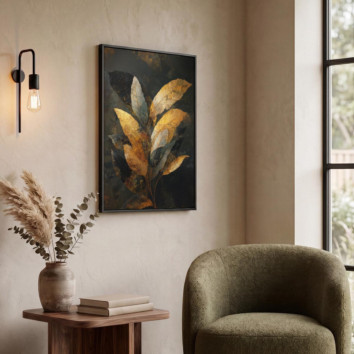 LEINWAND Bilder mit Rahmen - Golden Leaf Komposition - Botanical Luxury - 50x70 - Goldfarben, Textil (50/70cm) - MuchoWow