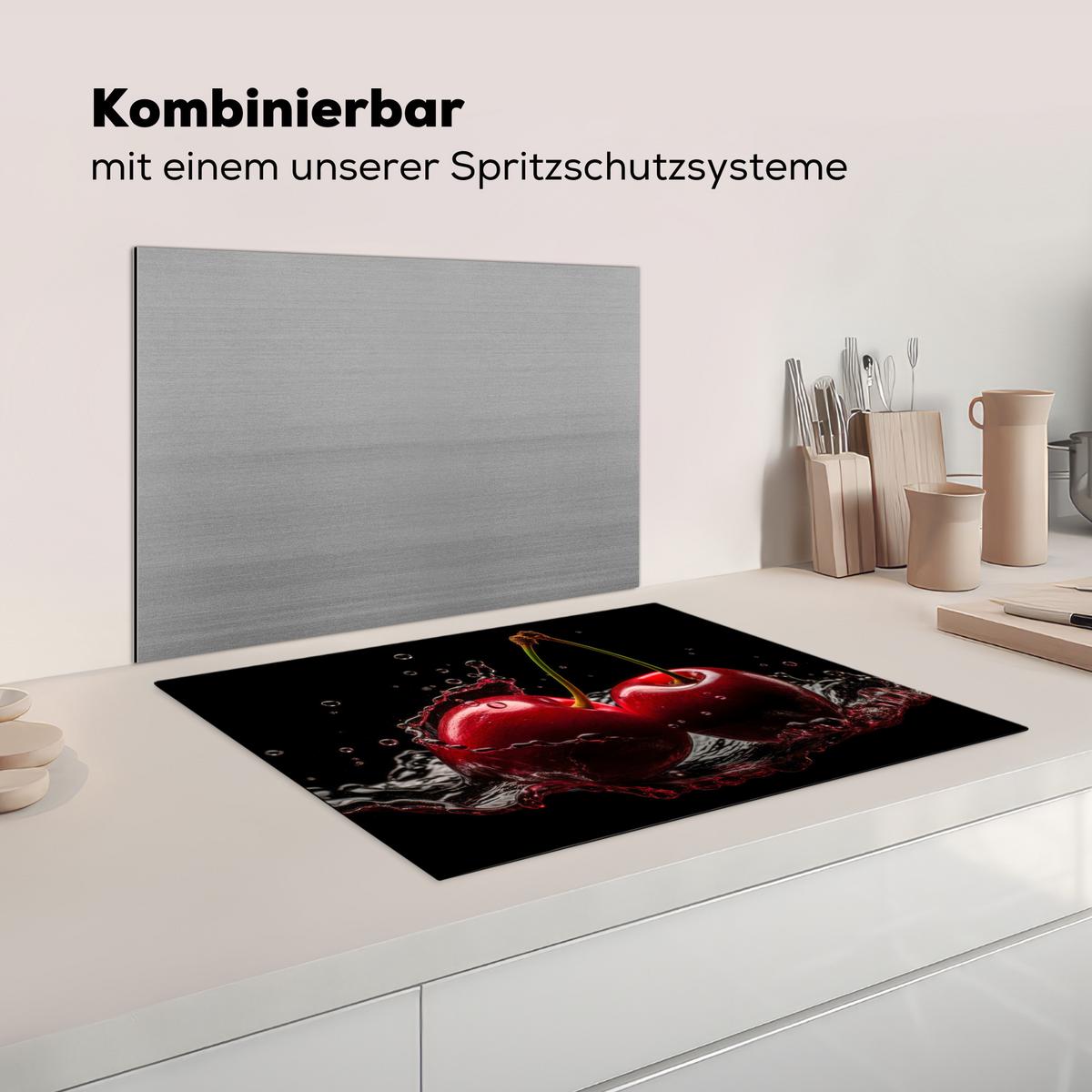 HERDABDECKPLATTE Kirsche - Rot - Frucht - Wasser - Schwarz Induktionsmatte 71x52 cm - Kirschrot, Kunststoff (71/52/0.2cm) - MuchoWow