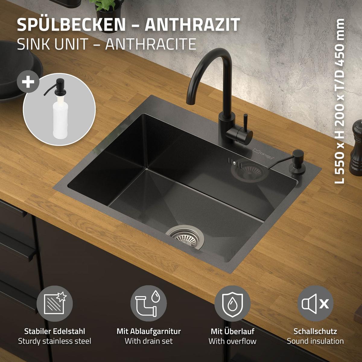 SPÜLBECKEN aus Edelstahl 55x45 cm Anthrazit mit Siphon und Seifenspender - Anthrazit, Metall (45/19/55cm) - ML-DESIGN