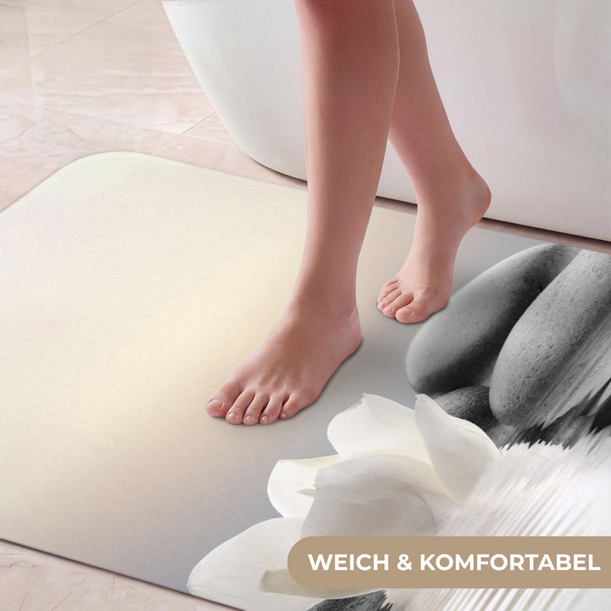 BADEMATTE Steine - Lotus - Weiß - Wasser - Zen 60x120 cm - Weiß, Textil (60/120cm) - OnlyWow