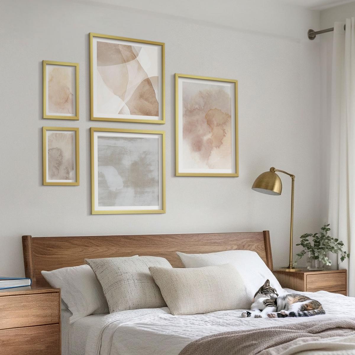 BILDER SET 5er Set - 50x50 cm & 20x30 cm & 40x60 cm Goldrahmen - Warme Aquarell-Pastelltexturen - Goldfarben, Kunststoff (40/60cm) - TULUP