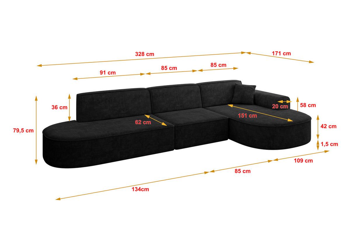 ECKSOFA Ottomane Rechts MARI-L2 - 328x171x79 cm Schwarz Velours - Schwarz, Holzwerkstoff/Kunststoff (171/328cm) - ALTDECOR