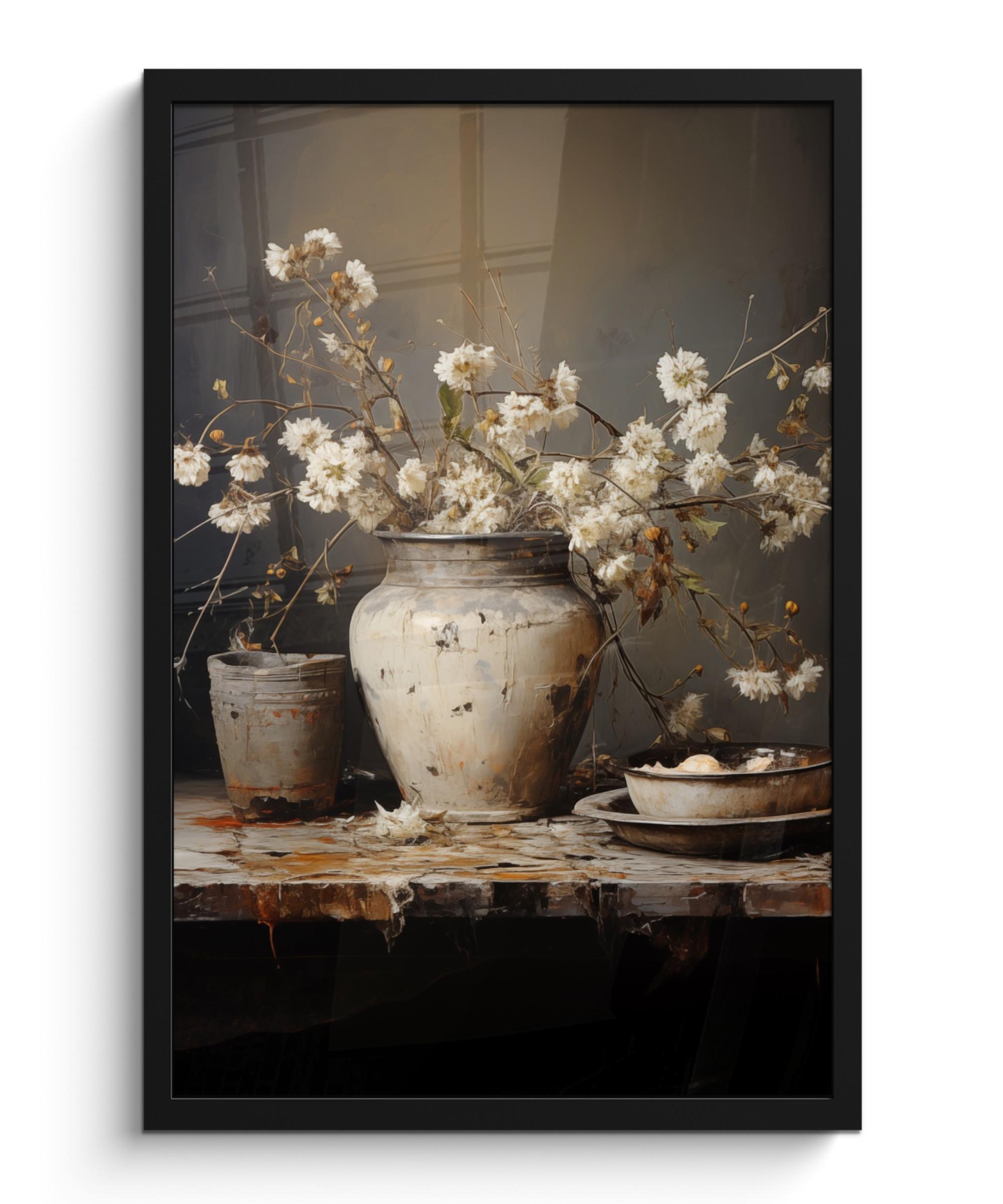 POSTER MIT RAHMEN Stilleben - Blumen - Blumenstrauß - Vase - Wein Bilder mit Rahmen 40x60 cm - Schwarz, Papier (40/60cm) - MuchoWow