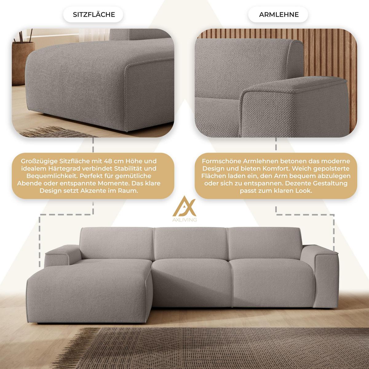 ECKSOFA L Form Didim mini Beige 310/165/78 cm – stilvolle kleine Eckcouch L - Beige/Schwarz, Kunststoff/Textil (165/310cm) - AX Living