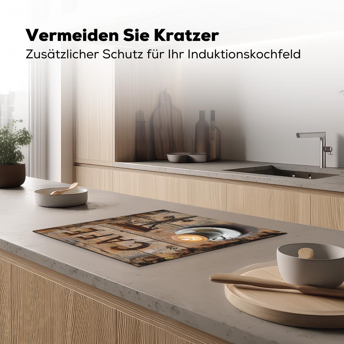 HERDABDECKPLATTE Cafe - Holz - Kaffee - Regale Herdabdeckung Induktionsfeld 60x52 cm - Schwarz, Kunststoff (60/52/0.2cm) - MuchoWow