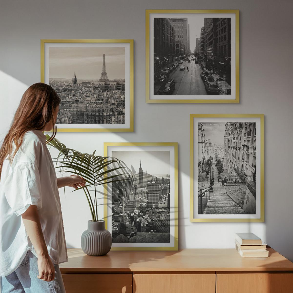 BILDER SET 4er Set - 50x50 cm & 40x60 cm Goldrahmen - Aussicht Paris New York Treppen - Goldfarben, Kunststoff (50/50cm) - TULUP
