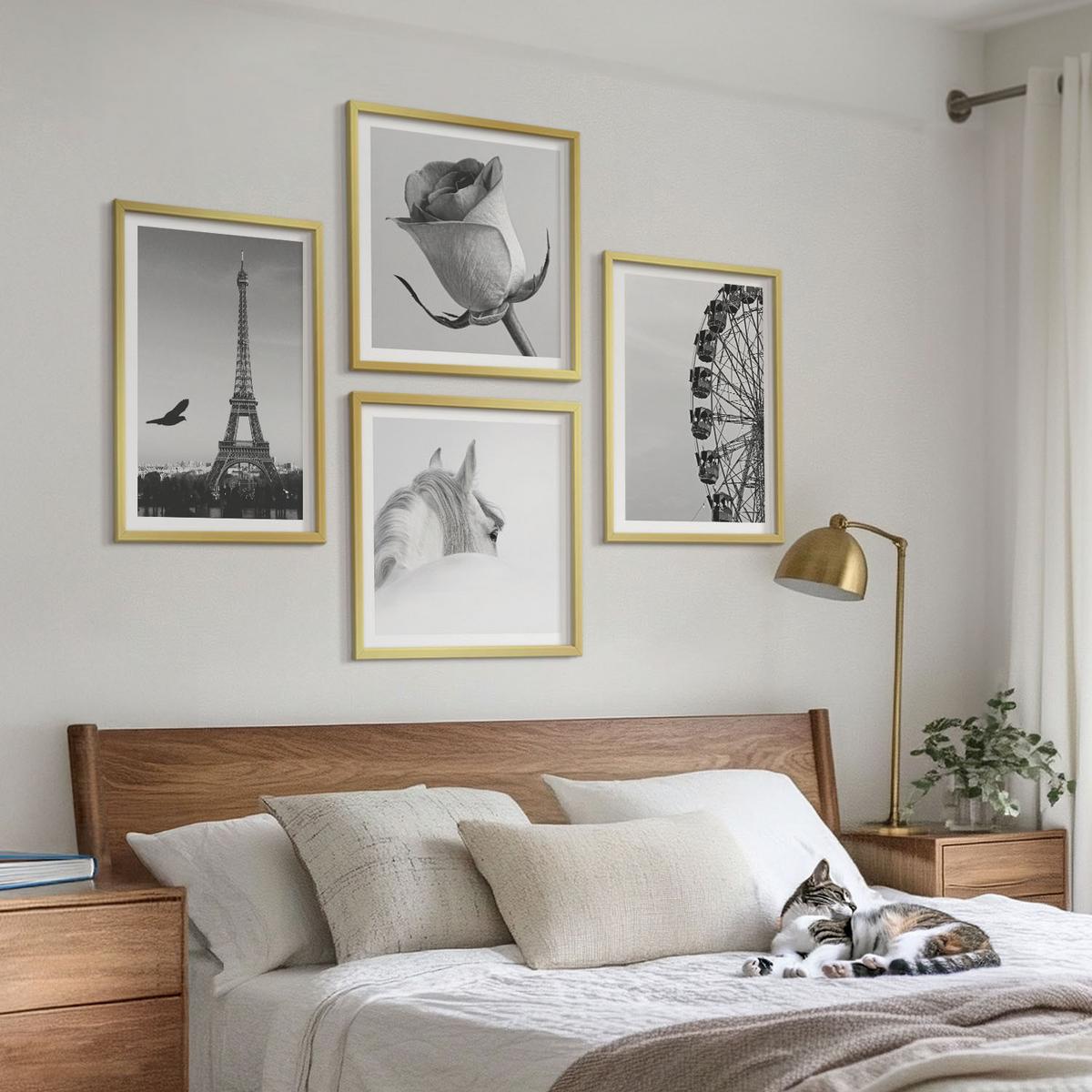 BILDER SET 4er Set - 50x50 cm & 40x60 cm Goldrahmen - Rose Eiffelturm Pferd Riesenrad S/W - Goldfarben, Kunststoff (50/50cm) - TULUP