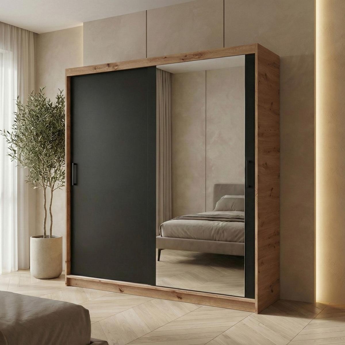 SCHWEBETÜRENSCHRANK Hela mit 2 Türen. 180 cm, eiche Artisan+Schwarz - Schwarz/Eiche Artisan, Holzwerkstoff (180/205/60cm) - Beautysofa